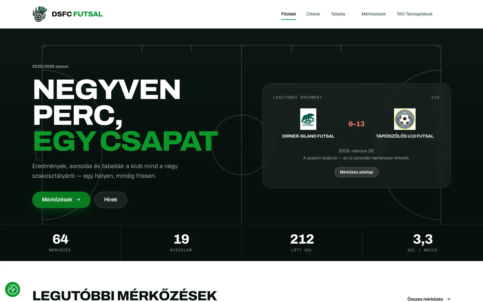 Dirner Siland Futsal team weboldal — nyitóképernyő