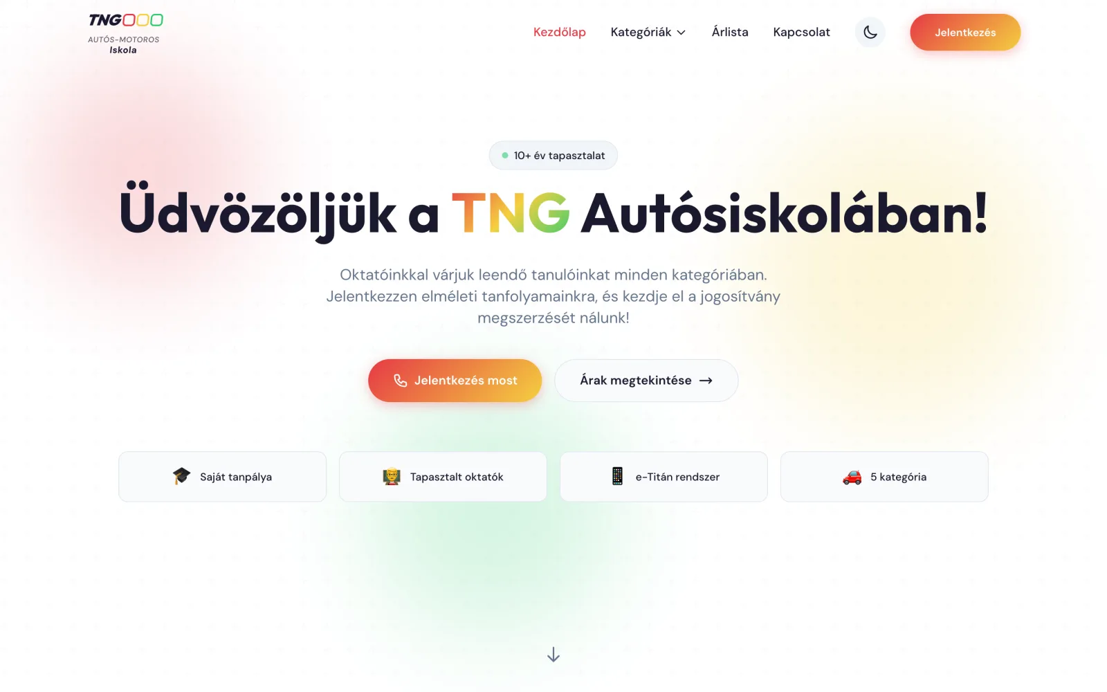 TNG Autósiskola — nyitóképernyő